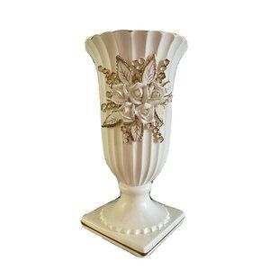 Vintage Norcrest Japan Cream and Gold Vase w/ Roses on base, 7 1/2"